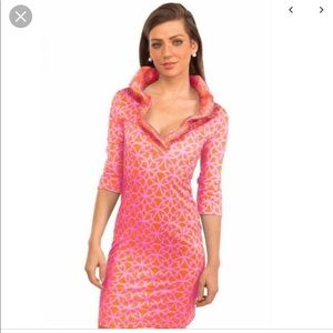 Gretchen Scott Ruffneck dress in pink orange